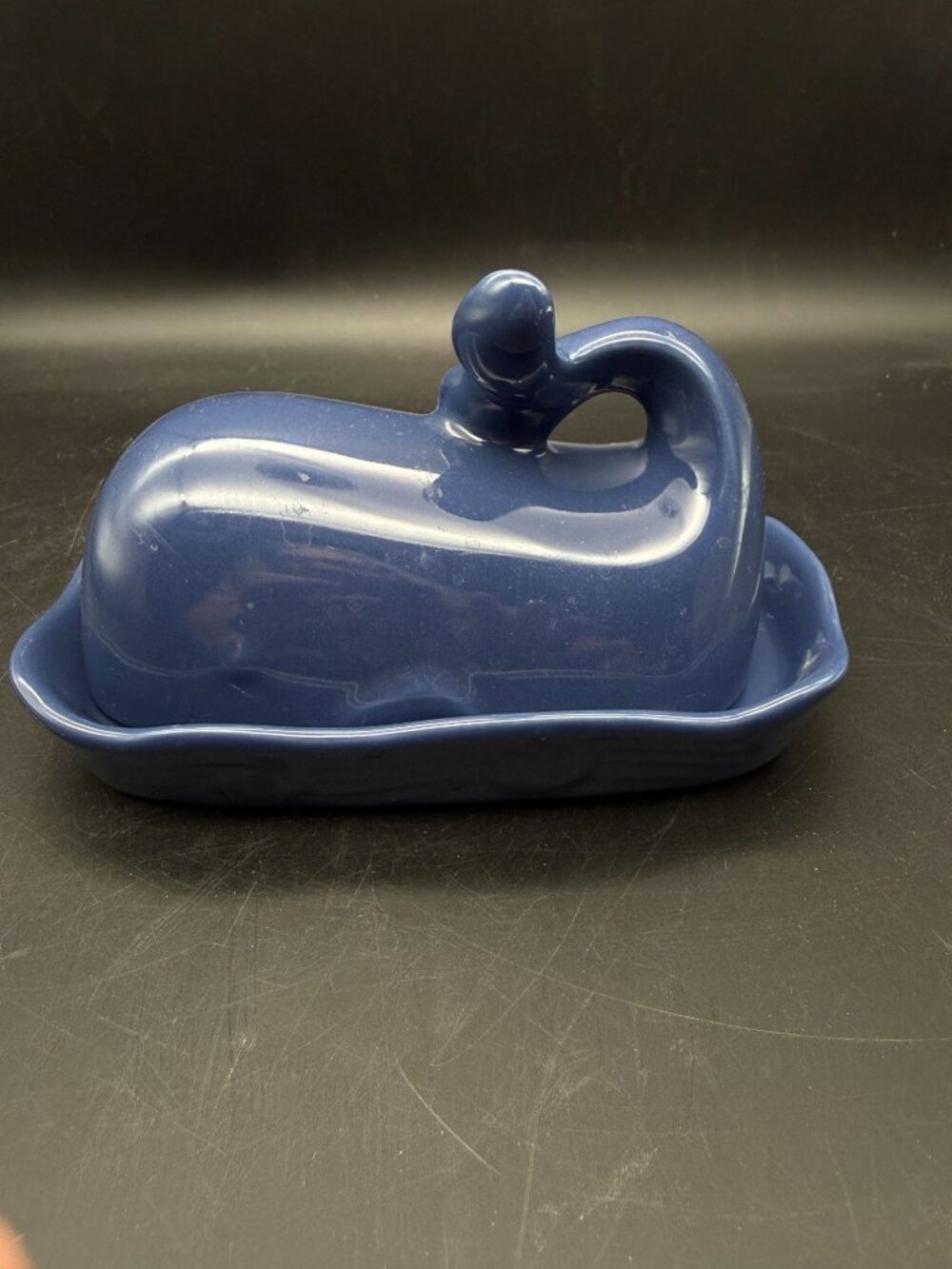 Creative Co-Op Stoneware Whale Butter Dish Embossed Wave Detail Navy Finish